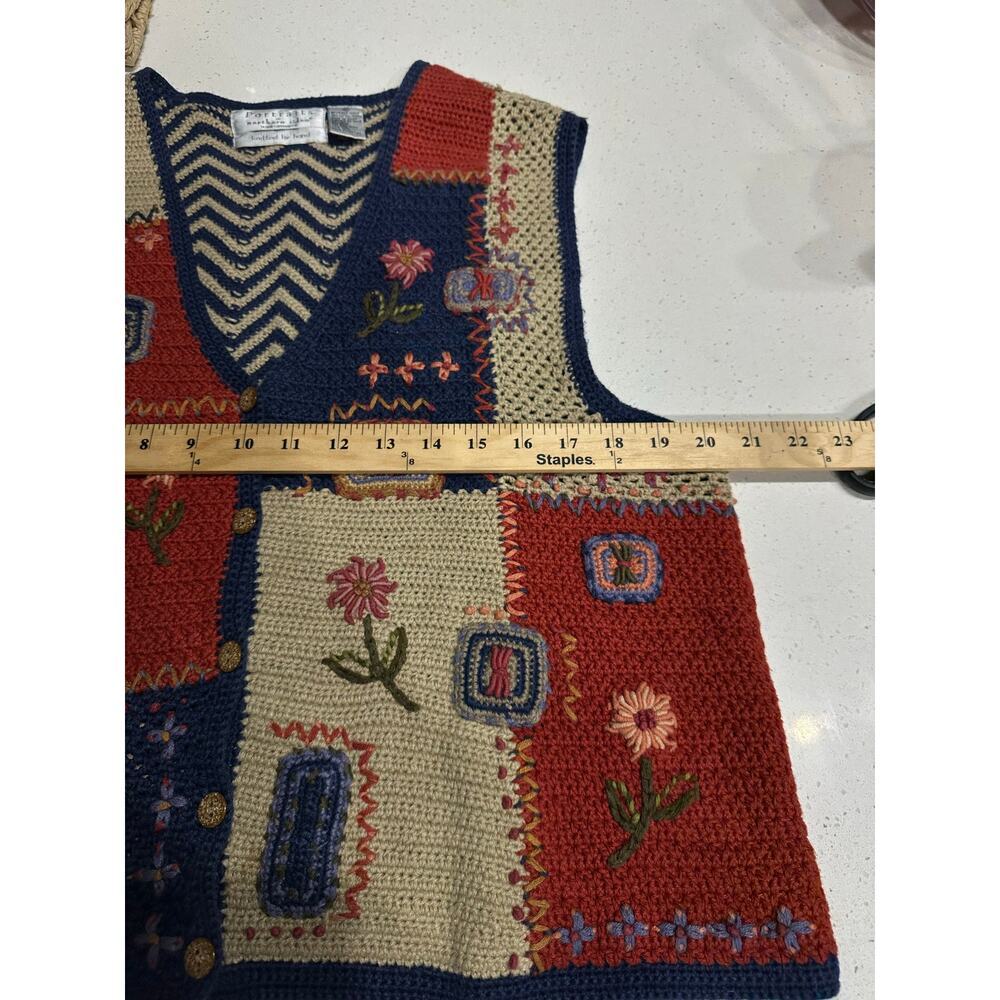 Boho Hand Knit Sweater Vest XL Cottagecore Floral Embroidered Knit Cardigan XL - Picture 13 of 14